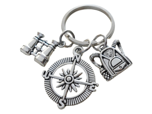Compass Charm Keychain with Binoculars & Backpack Charm, Camping Keychain