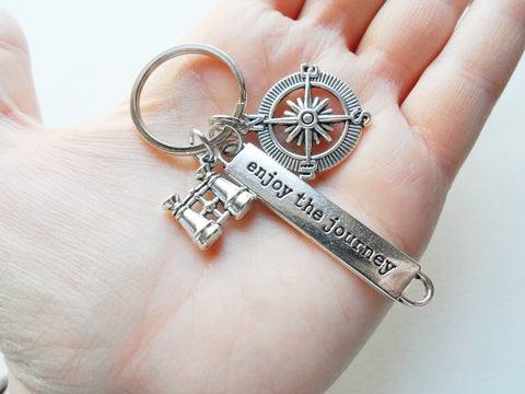 Binoculars and Compass Keychain with Enjoy the Journey Tag by JewelryEveryday