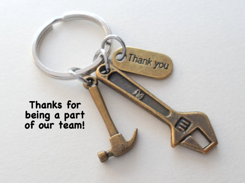 Bronze Wrench & Hammer Charm Keychain with Thank You Charm; Builders, Construction Employee Team, Plumber Keychain by JewelryEveryday