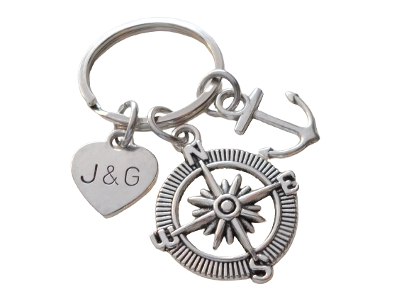 Metal Compass Charm Keychain with Small Anchor Charm - I'd Be Lost Without You; Couples Keychain, Custom Engraved Tag Option