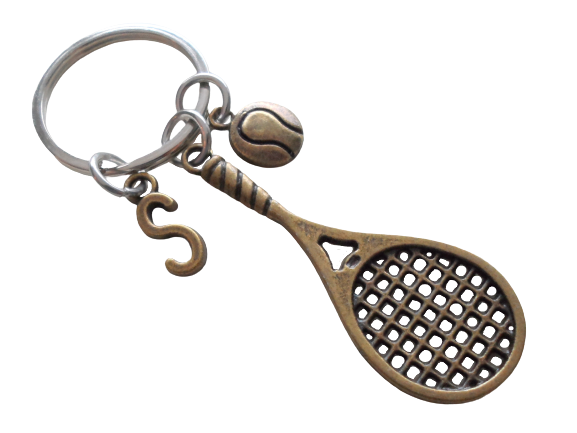 Personalized Bronze Tennis Racquet & Ball Charm Keychain, Graduate Keychain, Tennis Player Keychain