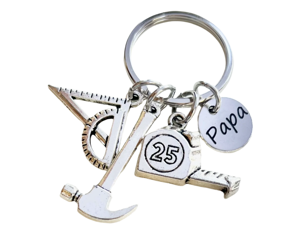 Dad Charm Keychain with Hammer Charm, Square Charm, Tape Measure Charm & Papa Circle Charm