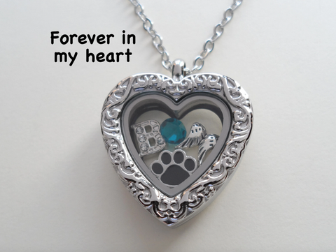 Custom Pet Memorial Stainless Steel Heart Locket Necklace for Family Pet Loss with Paw & Wing Charms - by Jewelry Everyday