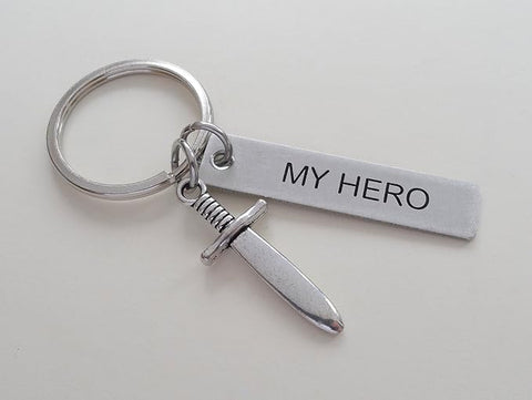 Sword Charm Keychain with Custom Engraved Steel Tag