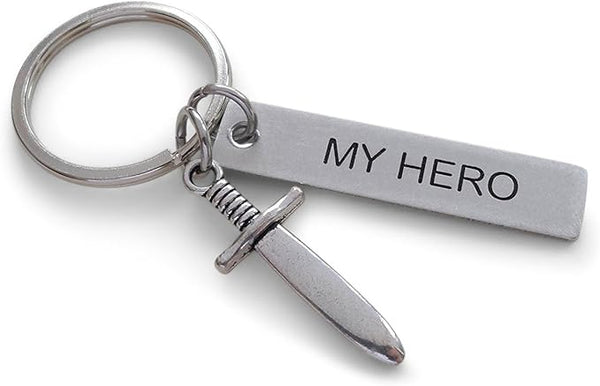 Sword Charm Keychain with Custom Engraved Steel Tag