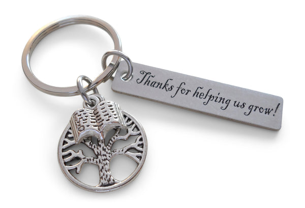 Teacher Appreciation Gifts • "Thanks for helping us grow!" Engraved Steel Rectangle Tag w/ Tree & Book Charm Keychain by JewelryEveryday