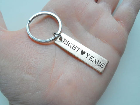 8 Year Anniversary Gift • Small Bronze Tag Keychain Engraved with "EIGHT YEARS" with Heart