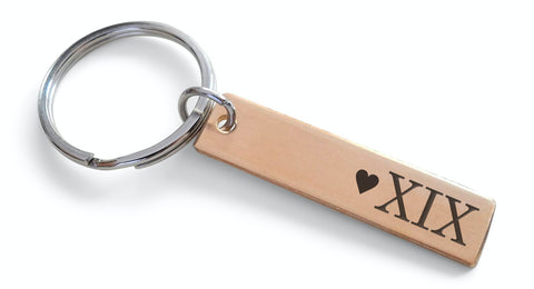 19 Year Anniversary Gift •Small Bronze Tag Keychain Engraved with "XIX" Roman Numerals