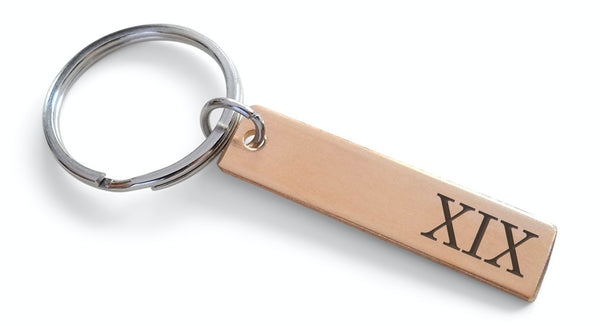 19 Year Anniversary Gift •Small Bronze Tag Keychain Engraved with "XIX" Roman Numerals