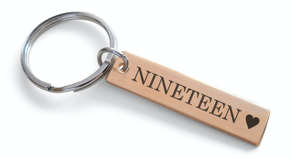 19 Year Anniversary Gift • Small Bronze Tag Keychain Engraved with "NINETEEN" & Heart