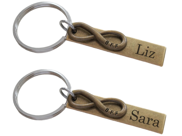 2 Keychains, Each with Bronze Small BFF Infinity Symbol and Custom Engraved Tag with Names, Best Friends Foreve