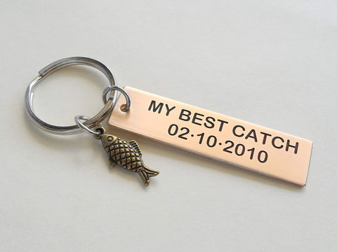 Personalized Bronze Tag Keychain with Fish Charm; Couples Anniversary Keychain Gift