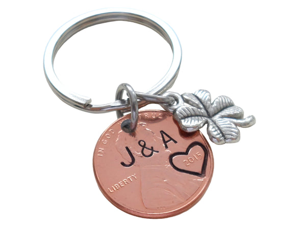 Custom Hand Stamped Penny Keychain with Clover Charm, Personalized Lucky Penny Anniversary Key Chain