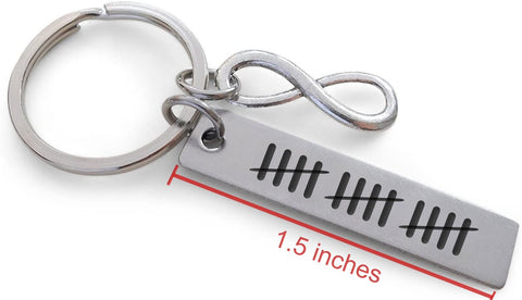 Small Stainless Steel Tag Keychain Engraved with 15 Tally Marks with Infinity Charm, Gift for Couples 15 Year Anniversary