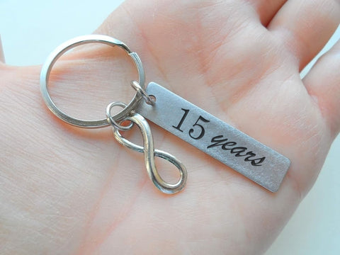Small Stainless Steel Tag Keychain Engraved with "15 years" with Infinity Charm, Gift for Couples 15 Year Anniversary