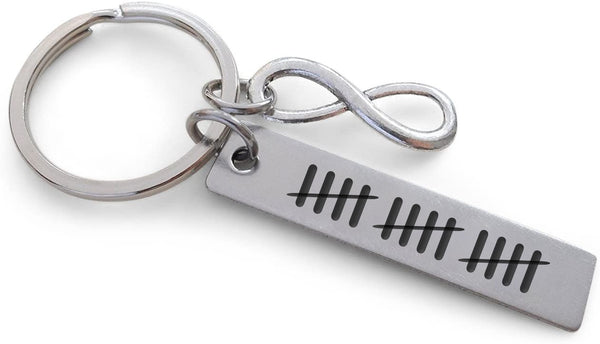 Small Stainless Steel Tag Keychain Engraved with 15 Tally Marks with Infinity Charm, Gift for Couples 15 Year Anniversary