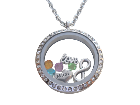 Personalized Large Crystal Edge Circle Floating Locket Necklace for Mother or Grandma - by Jewelry Everyday