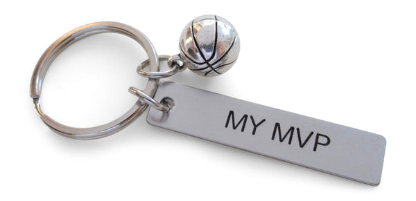 Basketball Keychian and Steel Tag Engraved with "My MVP", Basketball Fan Keychain Gift