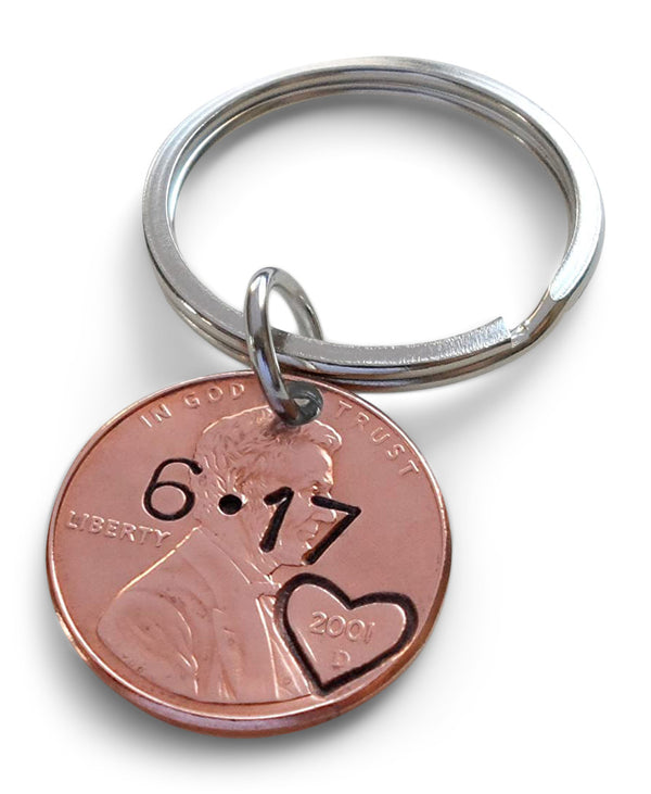 Personalized Penny Keychain Stamped with Initials or Date and Heart Around the Year, Anniversary Gift