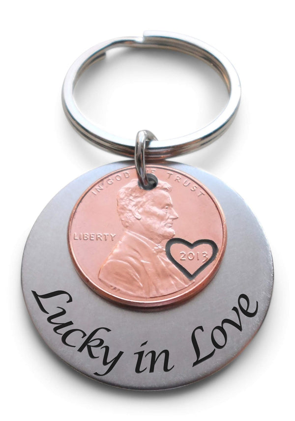 Custom Engraved Steel Disc Keychain Layered with Penny and Heart Around Year, Personalized Option