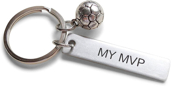 Soccer Ball Keychian and Steel Tag Engraved with "My MVP", Soccer Keychain Gift