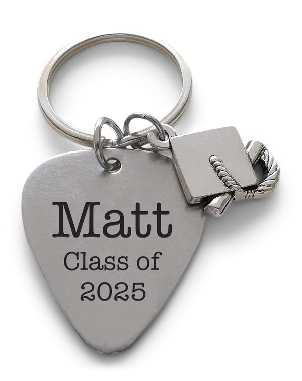 Custom Guitar Pick Keychain, Stainless Steel Guitar Pick Keychain; Engraved Keychain with Cap Charm, Graduation Gift