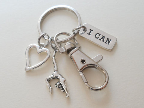 Gymnastics Charm Keychain with Heart & I Can Charm and Swivel Clasp, Gymnast or Dancer Keychain