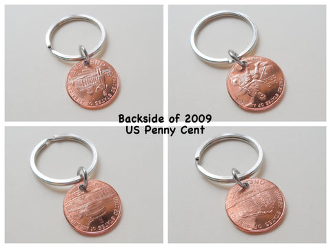 Clover Charm Layered Over 2009 Penny Keychain; 16 Year Anniversary Gift, Birthday Gift, Couples Keychain