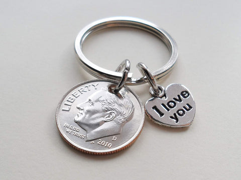 10 Year Anniversary Gift • Dime Keychain w/ I love You Charm by Jewelry Everyday, Custom Options