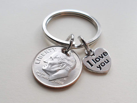 10 Year Anniversary Gift • Dime Keychain w/ I love You Charm by Jewelry Everyday, Custom Options