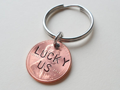 "Lucky Us" 2014 Penny Engraved Keychain; 11 Year Anniversary Gift, Couples Keychain