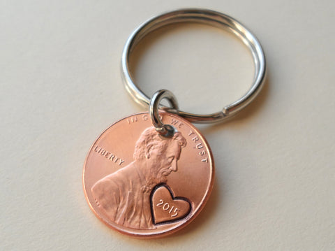 10 Year Anniversary Gift • 2015 Penny Keychain with Heart Around Year; Engraved by Jewelry Everyday