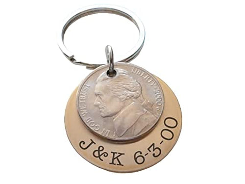Custom Engraved Brass Disc Keychain with Nickel & Brass Infinity Charm, 21 Year Anniversary Gift Keychain, Personalized Key Chain