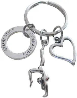 Gymnastics Keychain with Gymnast Charm, Gymnast Word Ring Charm, and Heart Charm; Gymnast or Coach Keychain
