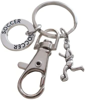Soccer Player Keychain with Soccer Ring Charm and Swivel Clasp, Soccer Player or Coach Keychain