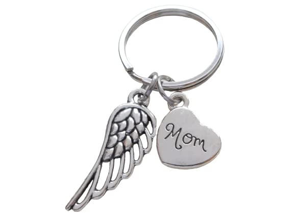 Mother Memorial Keychain, Wing Charm and Mom Heart Charm; My Guardian Angel Keychain