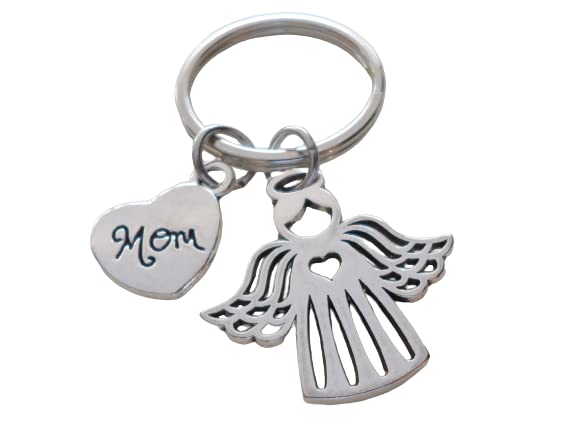 Mom Memorial Keychain with Angel Charm and Mom Heart Charm; My Guardian Angel Keychain