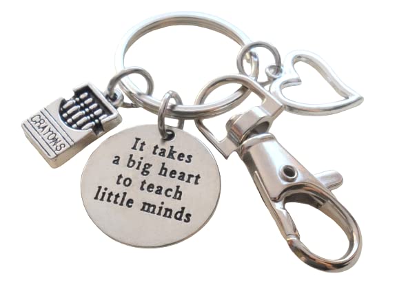 It Takes a Big Heart to Teach Little Minds Charm Keychain with Heart & Crayons Charm, and Swivel Clasp, Teacher Appreciation Keychain
