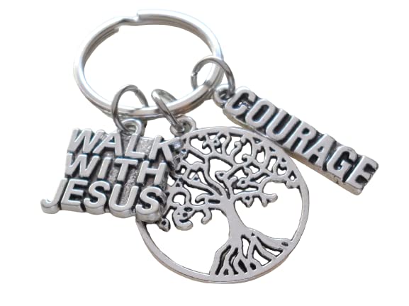 Tree Keychain with a "Walk with Jesus" Charm & Courage Charm, Religious Keychain