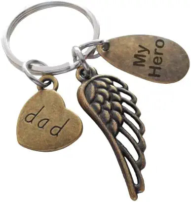 Father Memorial Keychain, Bronze Wing Charm, Dad Heart Charm, and My Hero Charm; My Guardian Angel Keychain