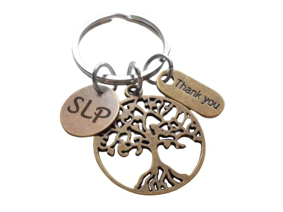 Speech Therapist Appreciation Keychain, Speech Language Pathologist Keychain with Bronze Tree, SLP Disc, and Thank You Charm