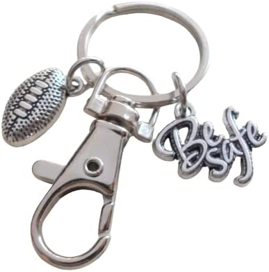 Football Player Keychain with Be Safe Charm and Swivel Clasp, American Football Player or Coach Keychain
