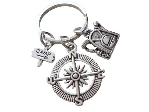 Camping Charm Keychain with Compass Charm, Backpack Charm & Camp Sign Charm