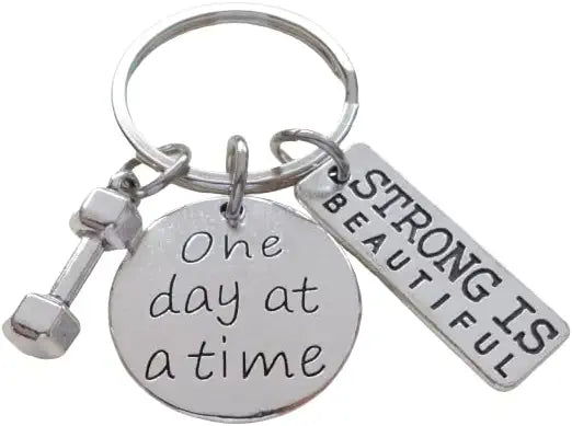 "One Day At A Time" & "Strong is Beautiful" Fitness Encouragement Keychain with Weight Charm, Health Keychain