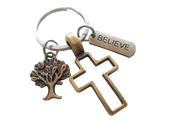 Bronze Cross Keychain with Tree Charm & Faith Tag Charm, Religious Keychain