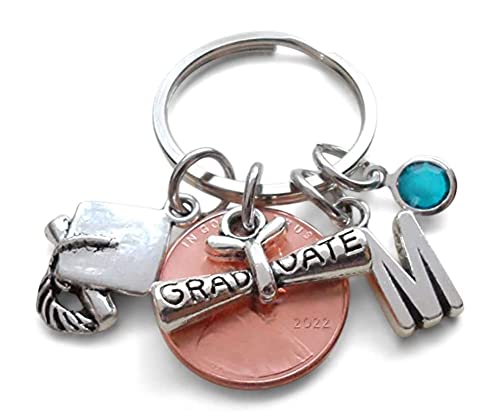 Custom Graduation Penny Keychain with Graduate Diploma Scroll Charm, Class of 2024 Personalized Graduate Keychain, Gift for Graduate