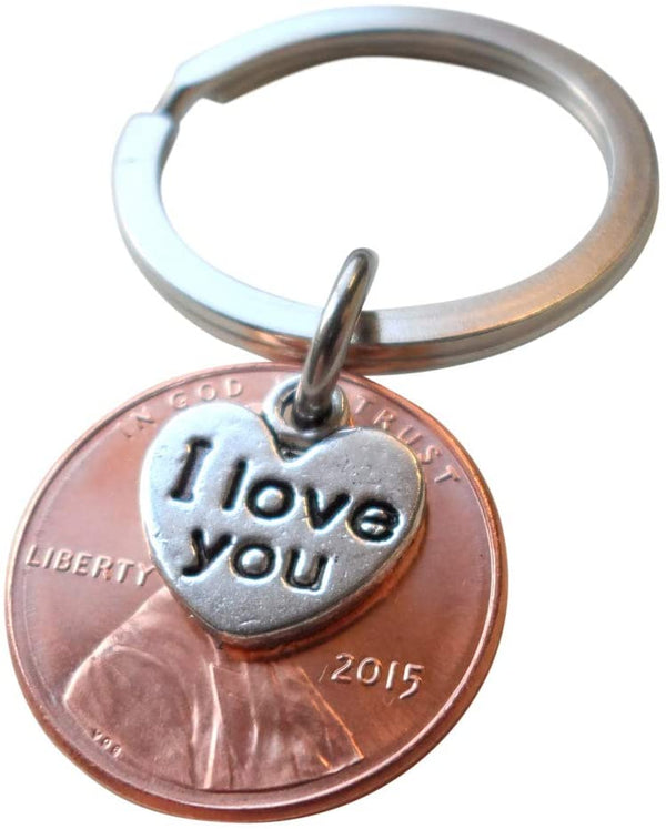 2015 Penny Keychain • 10 Year Anniversary Gift with "I Love You" Heart Charm from JE