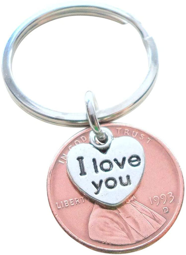 I Love You Heart Charm Layered Over 1993 Penny Keychain; 32 Year Anniversary Gift, Couples Keychain