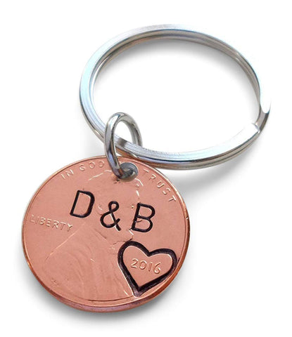 Personalized Penny Keychain Stamped with Initials or Date and Heart Around the Year, Anniversary Gift