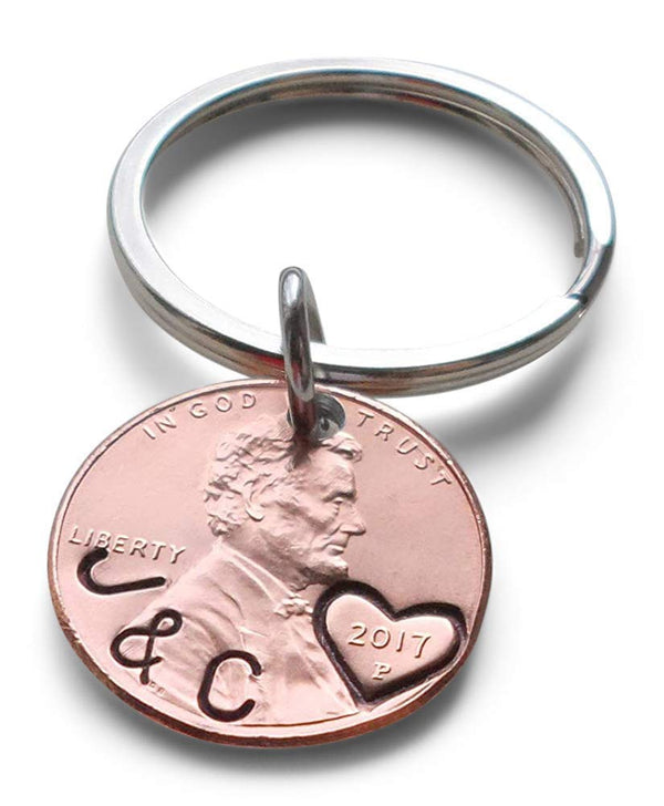 Anniversary Gift • Personalized Penny Keychain Stamped with Initials Along Edge & Heart Around the Year by Jewelry Everyday